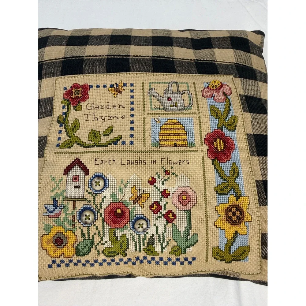 Vintage Cross‎ Stitch Garden Thyme Throw Pillow Buffalo Check Farmhouse Decor